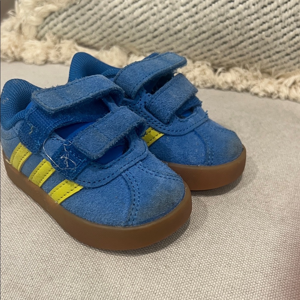 Adidas toddler Blue Suede Hook-and-Loop Sneakers with Yellow Stripes